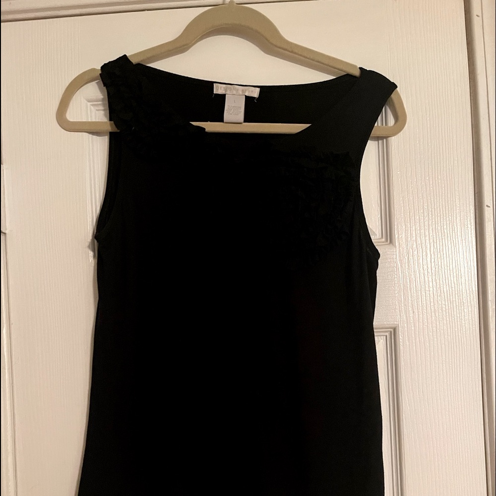 Black soft sleeveless top by Design History; Floral appliqué on front; Large